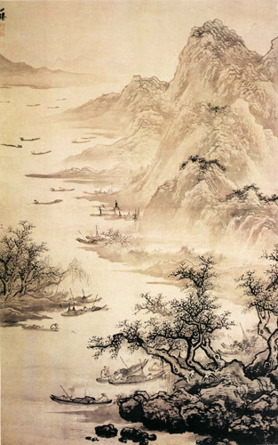 名画国画复制品 吴伟 渔乐图 宣纸画心 锦绫裱三尺山水立轴