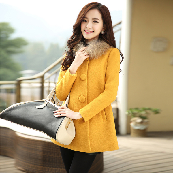 秋冬甜美女装呢外套红绿黄色纽扣修身女式中长款羊毛呢大衣配毛领