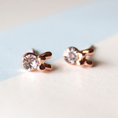 『sg』2014韩国版可爱气质蝴蝶结闪钻小兔头耳钉|耳环|电镀玫瑰金