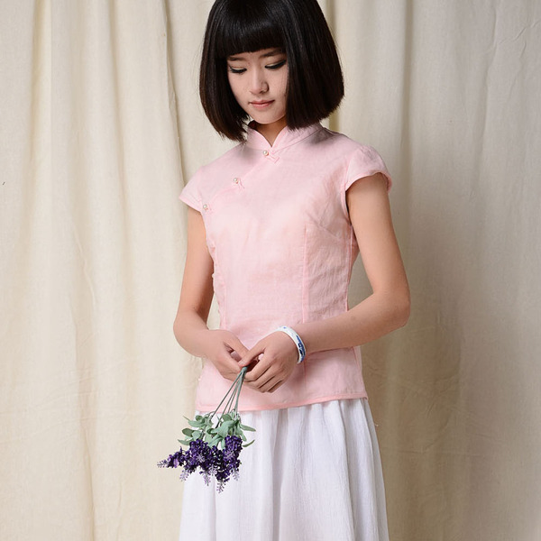 民族风女装夏装苎麻小衫女中式立领短袖衬衫唐装民国风小褂