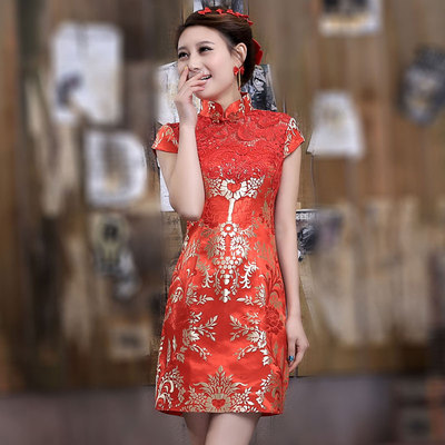 改良锦缎蕾丝旗袍 红色短款刺绣夏旗袍裙 新娘结婚礼服婚礼敬酒服