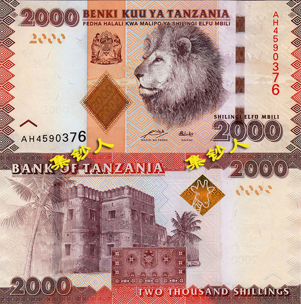 坦桑尼亚 2000先令 2011年版 狮子头 精美非洲纸币 非洲狮和石头