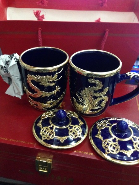 金镶玉茶具茶杯 陶瓷情侣结婚龙凤杯 钓鱼台国宾馆高档国宾礼品