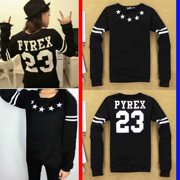 秋冬pyrex冠军星星围脖二杠23嘻哈街舞宗教情侣男女长袖卫衣 长t