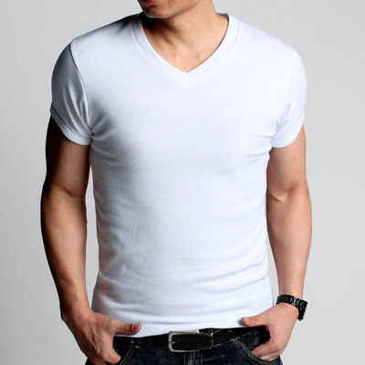 男士短袖t恤莫代尔v领纯棉男半袖背心修身运动打底内衣鸡心领汗衫