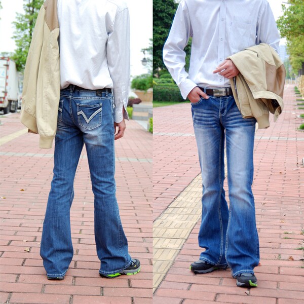 niuzaiku大喇叭牛仔裤男韩版修身低腰加长牛仔学生裤子微喇叭裤男