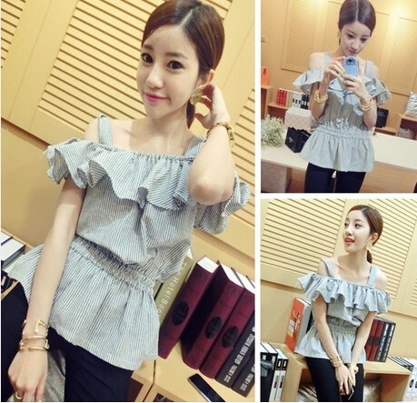 2017春季新款韩版一字领荷叶边露肩条纹雪纺衫学生休闲打底上衣女