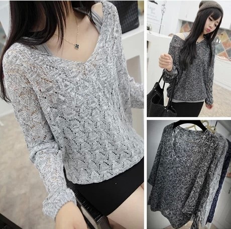 2017春夏韩版新款宽松显瘦针织衫女简约V领薄款镂空针织衫