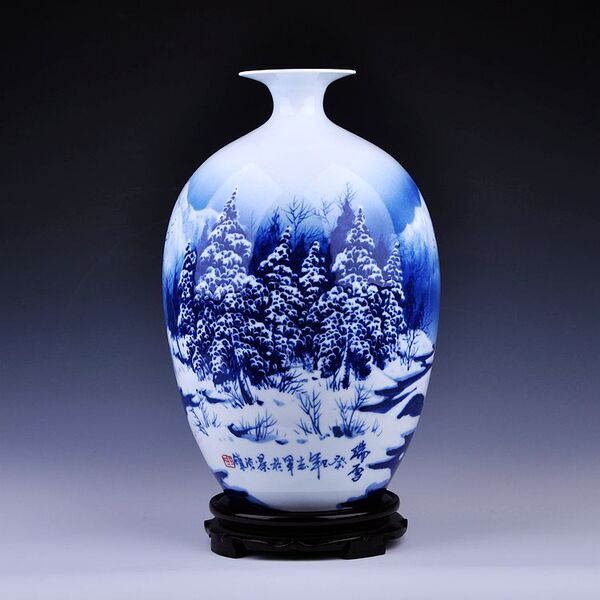 景德镇陶瓷器名人名作全手绘青花雪景图花瓶 瑞雪兆丰年 家居摆件