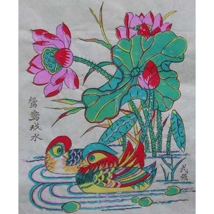 武强木版年画 画心 窗花类 鸳鸯戏水 手工刻版印制 民间艺术精品