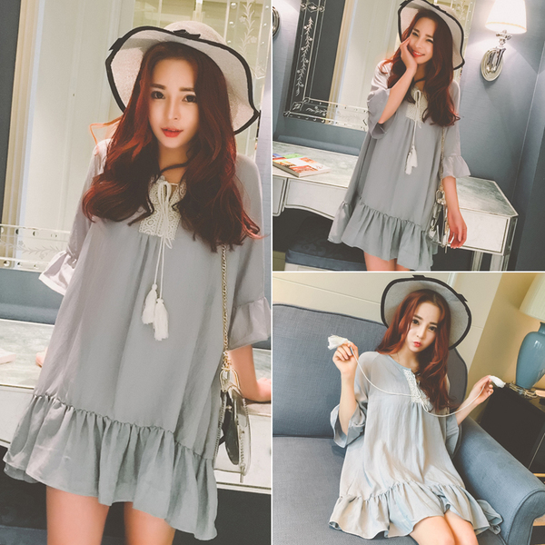 春夏新款韩版女装时尚学院风甜美圆领宽松系带连衣裙学生衣服潮