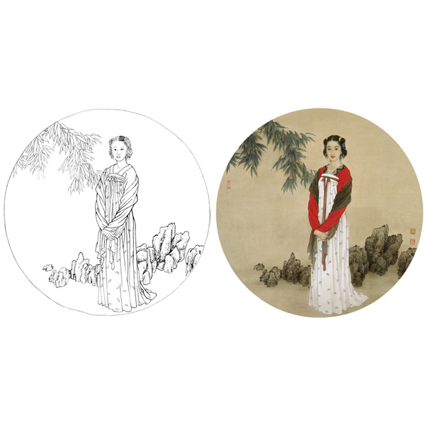 王美芳四尺斗方仕女人物工笔国画白描底稿临摹勾线实物打印稿231