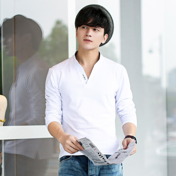 秋装男士纯色带领长袖t恤衫男式有领t桖学生立领白色简约纯棉上衣