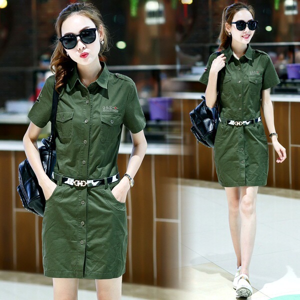 军绿连衣裙2016夏季女装短裙休闲显瘦军装迷彩裙纯棉一步裙制服潮