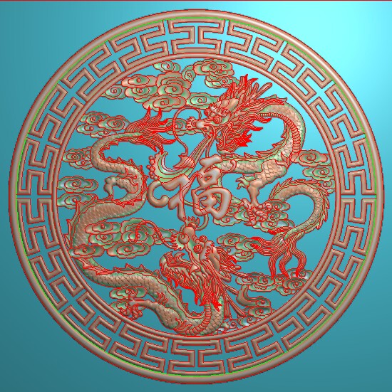 镂空回纹边龙祥云精雕图 浮雕灰度电脑雕刻jdp 双龙戏福圆挂匾图