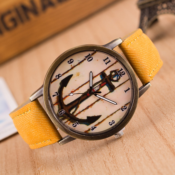 韩版复古男女牛仔帆布船锚皮带学生手表男女腕表原宿风帆布带手表