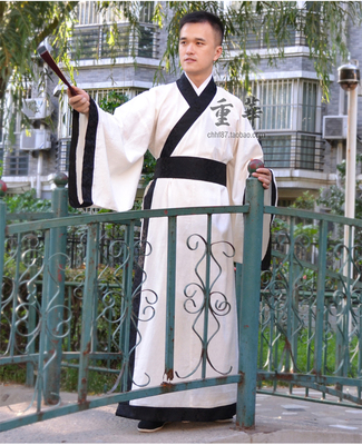 男款古装汉服广袖直裾深衣华服唐朝李白表演服装教书先生长袍白色