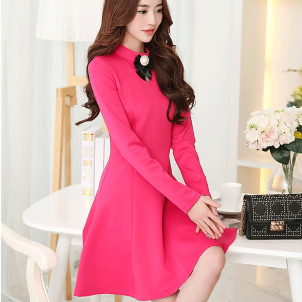 2016秋装新款韩版修身显瘦收腰弹力纯色连衣气质长袖网纱裙连衣裙