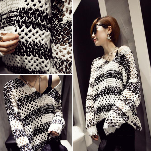 2016秋装新款粗棒毛线衫V领套头外套女宽松显瘦针织衫镂空毛衣潮