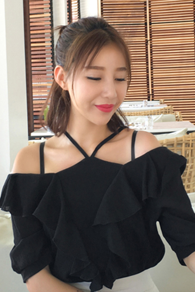 早春新款女装一字领露肩甜美吊带荷叶边宽松显瘦短袖雪纺衫上衣女