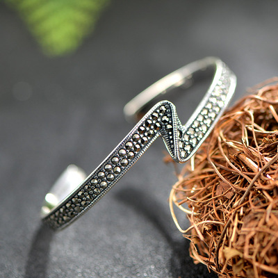 非常泰925银饰品手镯女款 欧美时尚简约z手工银手镯开口银首饰