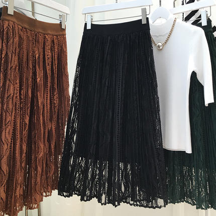 2017新款韩版镂空蕾丝百褶裙半裙中长款高腰a字裙半身裙女