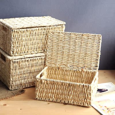 手艺创艺草编玉米皮带盖收纳筐储物箱收纳箱 原色环保手工草筐