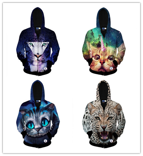 European and American men and women sweater coat tide 3D ​​animal tiger panda sided hooded cardigan coat Hoodie Movement