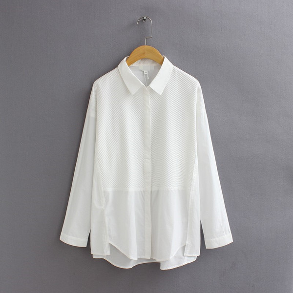 国内单 秋季新款女装 宽松休闲拼接不规则下摆长袖白衬衫衬衣