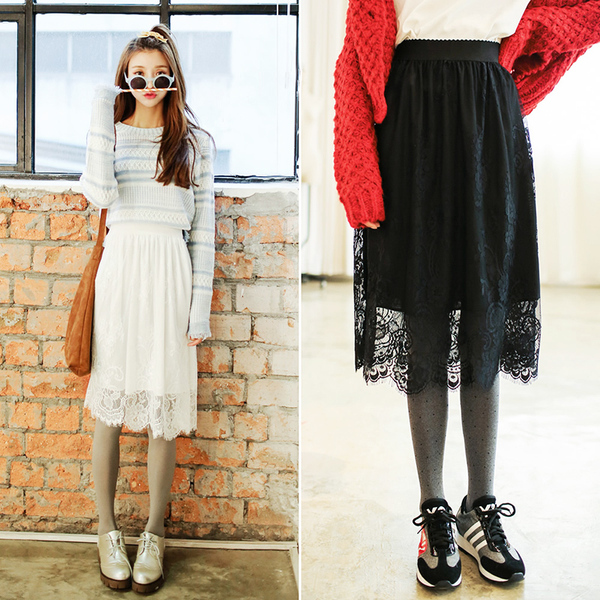 秋冬百搭蕾丝打底裙半身裙中长款蓬蓬裙a字裙高腰百褶裙短裙内搭
