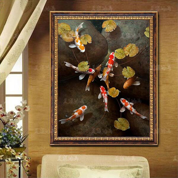 美想油画客厅装饰画手绘餐厅玄关过道挂画酒店有框画中式九鱼图