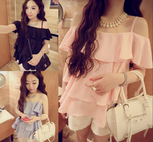 2016夏季新款女装韩版小清新多层荷叶边雪纺吊带背心娃娃衫上衣女