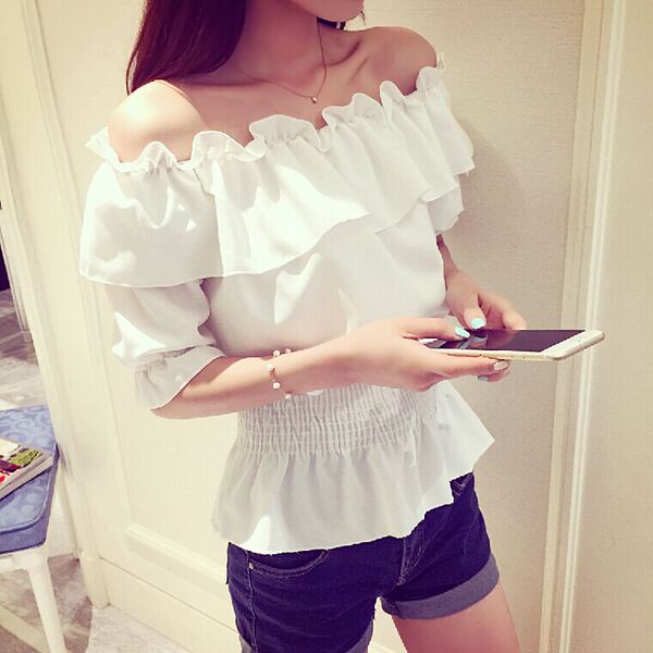 2016夏装新款韩版雪纺衫女短袖显瘦荷叶边一字领露肩雪纺上衣女潮