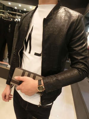 2015秋冬装日系皮革男夹克衫韩版修身学生上衣夜店发型师男外套潮