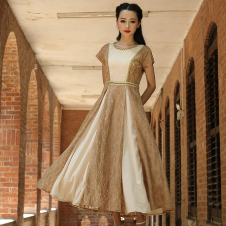 挽歌2016夏季女新款气质雪纺蕾丝复古连衣裙长大摆裙长裙8101