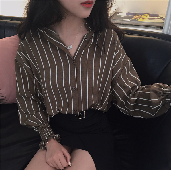 2016秋季新款韩版时尚百搭撞色条纹衬衫气质宽松显瘦上衣女衬衣潮