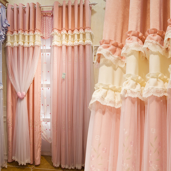 粉色蕾丝窗帘布甜美公主风女孩卧室客厅婚房韩式纯色拼接成品定制