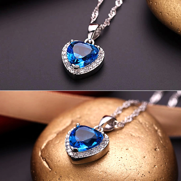 东方银庄 海洋之心蓝吊坠925银项链女时尚银饰品礼物刻字合成晶石