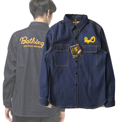 余文乐nhiz绣花字母原色牛仔长袖衬衫 陈冠希潮牌水洗牛仔薄外套