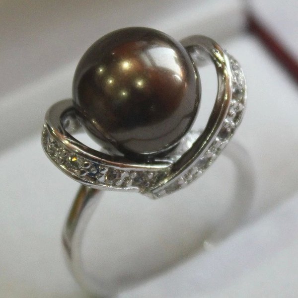 新款 南洋贝宝珠 心形咖啡色 正圆贝珍珠戒指 送母亲 女友 礼物