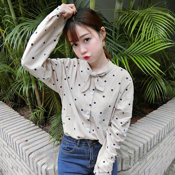 春装新款韩版复古圆点棉质宽松显瘦衬衣蝴蝶结领口女学生衬衫上衣