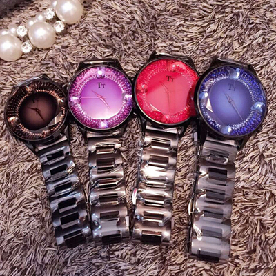 韩国正品tictoc 2015新款tt水晶玻璃钢带时尚女士手表腕表多色入
