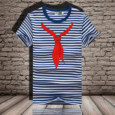 梅花牌青春中国海魂衫复古蓝白条短袖t恤男女情侣衣服亲子装包邮