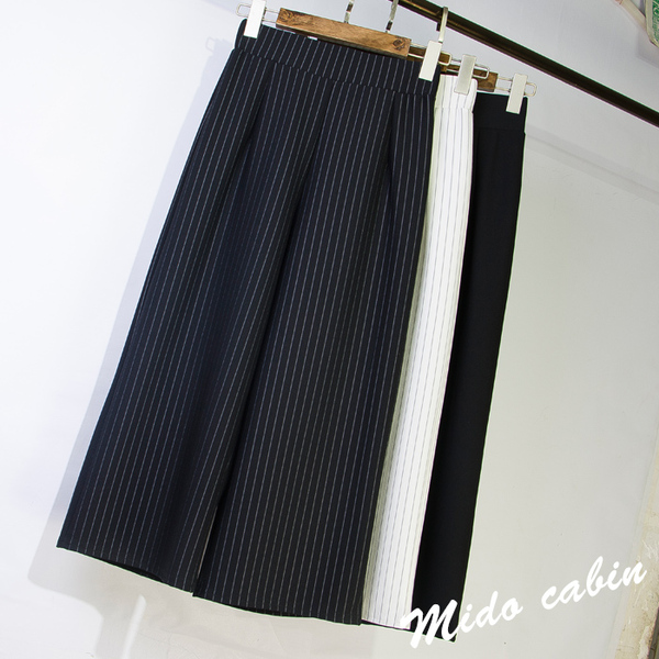 2017春装新款松紧腰条纹七分九分阔腿裤简约百搭高腰显瘦休闲裤女