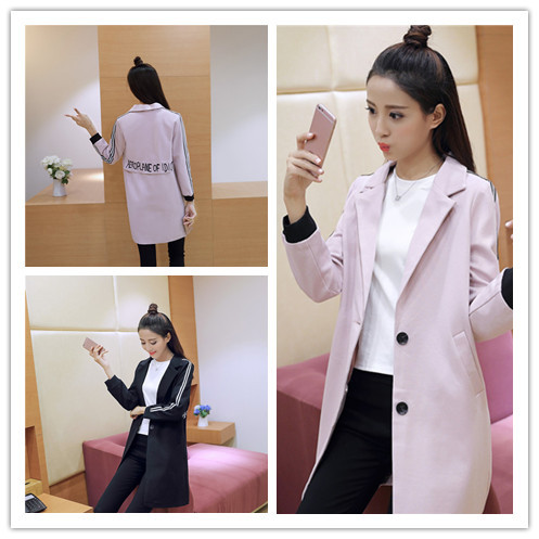 2017春季新款女装西装领中长款风衣学生长袖字母印花宽松外套闺蜜