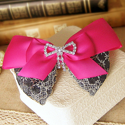 桃子公主 蕾丝流苏水钻艳丽桃红色日韩国蝴蝶结发饰头饰发夹顶夹