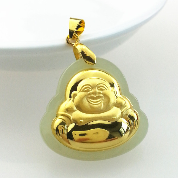 金镶玉黄金镶天然和田玉开光玉佛笑佛弥勒佛佛公开光辟邪吊坠