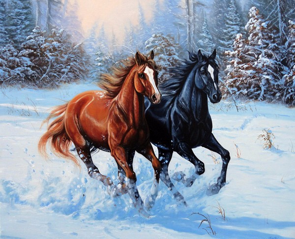 精准印花法国dmc十字绣正品 动物世界名画horses running雪中奔马