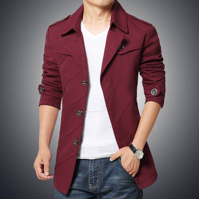男人衣服秋冬款男装全棉翻领单排扣风衣韩版修身男士休闲外套红黑