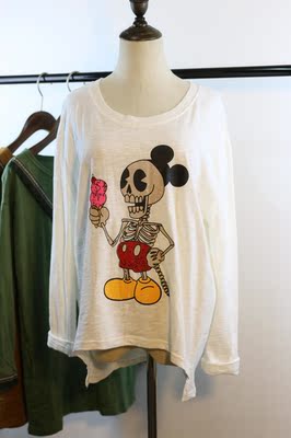 2015秋款新韩国代购订单骷髅人印花竹节棉宽松休闲长袖棉t恤女